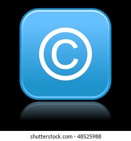 Matted blue rounded squares buttons with copyright symbol and reflection on black background