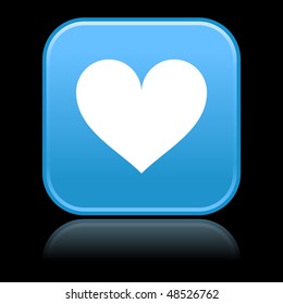 Matted blue rounded squares buttons with heart symbol and reflection on black background
