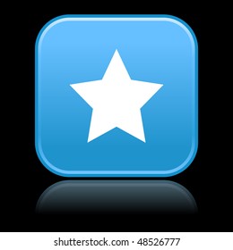 Matted blue rounded squares buttons with star symbol and reflection on black