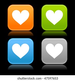 Matted color rounded squares buttons with heart symbol on black background
