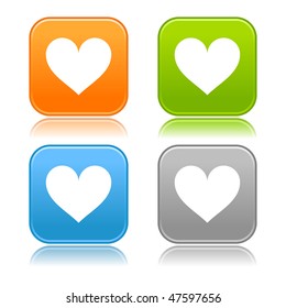 Matted color rounded squares buttons with heart symbol on white background