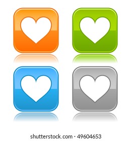 Matted color rounded squares buttons with heart symbol on white background