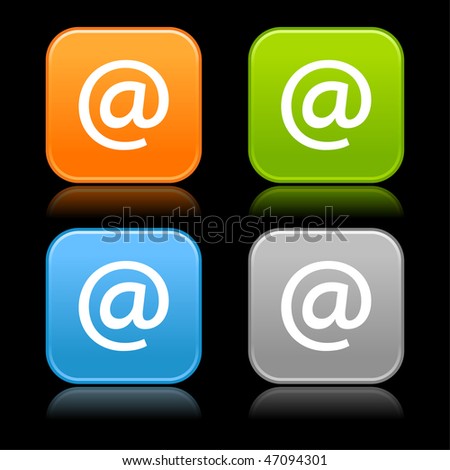 Matted color rounded squares buttons with arroba symbol on black