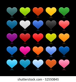 Matted colored heart web buttons with reflection on black