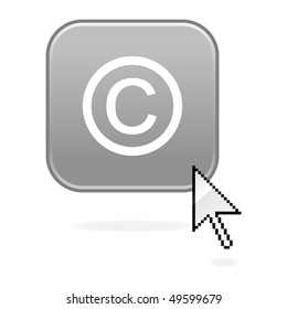 Matted gray button with copyright symbol and cursor on white
