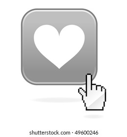 Matted gray button with heart symbol and cursor hand on white