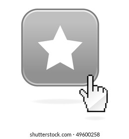 Matted gray button with star symbol and cursor hand on white