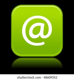 Matted green rounded squares buttons with arrobase symbol and reflection on black