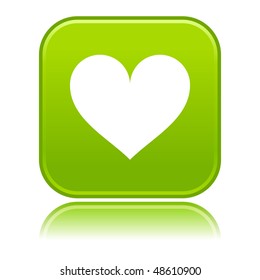 Matted green rounded squares buttons with heart symbol and reflection on white