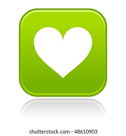 Matted green rounded squares buttons with heart symbol and gray reflection on white