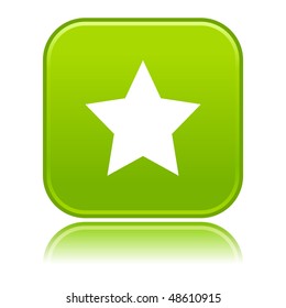 Matted green rounded squares buttons with star symbol and reflection on white