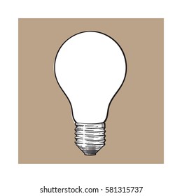 Matted, opaque tungsten light bulb, side view, sketch style vector illustration isolated on brown background. Realistic hand drawing of matted, opaque, nontransparent tungsten light bulb