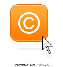 Matted orange button with copyright symbol and cursor on white