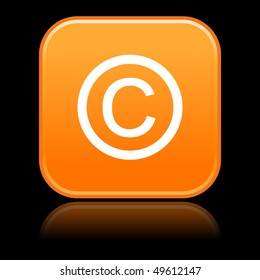 Matted orange rounded squares button with copyright on black