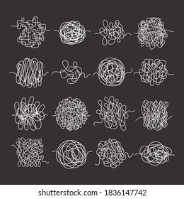 Matted threads hand drawn set. Swirling spiral circles and squares messy chaos of lines and scribbles sketches intricate textures with complex creative jumble tangled maze curves. Vector silhouette.