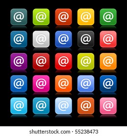 Matted web 2.0 button with at sign on black background. Colored rounded square shapes with reflection.