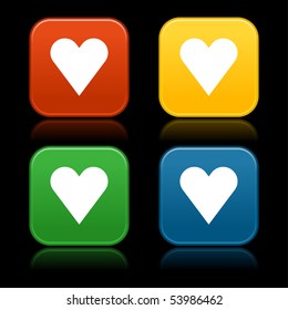 Matted web 2.0 buttons with heart symbol sign. Colored rounded square shapes with reflection. Black background