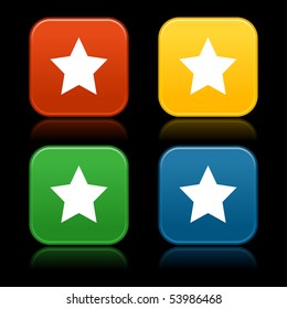 Matted web 2.0 buttons with star symbol sign. Colored rounded square shapes with reflection. Black background
