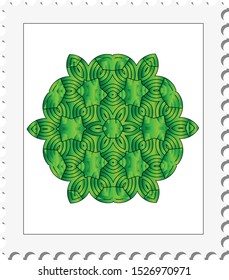 Matted white blank postage stamp with shadow and with green shape on white background