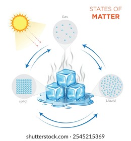 La materia existe en estados sólido, líquido, gas y plasma, cada uno definido por la disposición de partículas, la energía y el movimiento, que afectan la forma y el volumen.