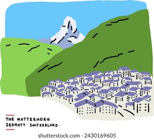 The Matterhorn is a mountain of the Alps landscape border between Italy and Switzerland Hand drawn line art Colour Illustration