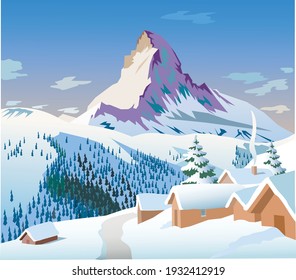 Matterhorn mountain in the Alps (Switzerland). Vector art illustration