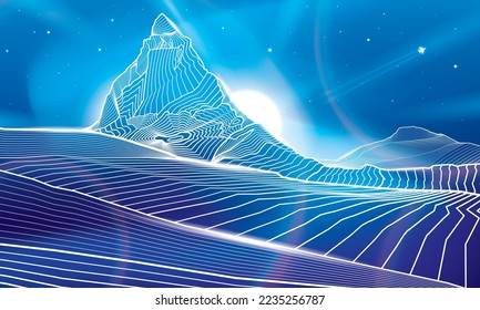 Matterhorn mountain. Neon glow illumination image. Snow peaks. Night landscape. White outlines illustration. Vector design art 