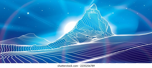 Matterhorn mountain. Neon glow illumination image. Snow peaks. Night landscape. White outlines illustration. Vector design art 