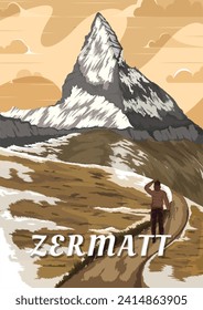 Matterhorn mountain vintage poster design. Illustration of a men hiking matterhorn mountain in zermatt switzerland. Winter in switzerland poster illustration.