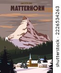 Matterhorn Ski resort poster, retro. Alpes Winter travel card