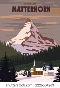 Matterhorn Ski resort poster, retro. Alpes Winter travel card svg