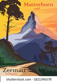 Matterhorn, Swiss Alps. Landscape of Alps with Matterhorn, vector illustration