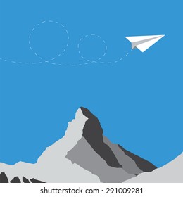 Matterhorn View Vector. Paper Plane with Dotted Path Above Matterhorn, Zermatt, Switzerland. Concept for travel the world