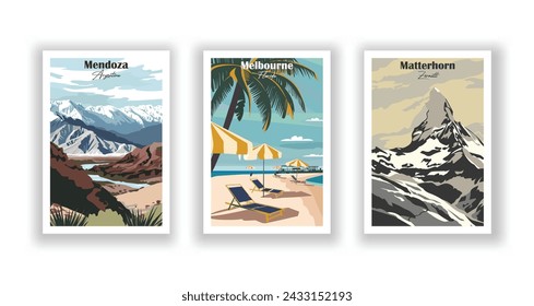 Matterhorn, Zermatt. Melbourne, Florida. Mendoza, Argentina - Set of 3 Vintage Travel Posters. Vector illustration. High Quality Prints