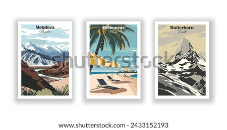 Matterhorn, Zermatt. Melbourne, Florida. Mendoza, Argentina - Set of 3 Vintage Travel Posters. Vector illustration. High Quality Prints