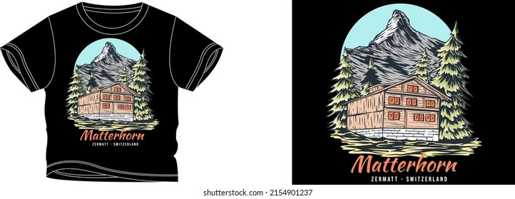 matterhorn zermatt - switzerland t-shirt design background color is a black and t-shirt color is a black beautiful color and beautiful design