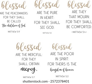 Matthew Blessings Bible Verses Bundle, Biblical Christian Blessed quotes set, vector illustration