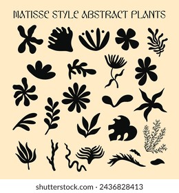 Mattise style abstract plants cutouts shapes and forms elements set. Simple flowers and leaves vector illustration collection, different types of floral decorative elements kit for design, poster 