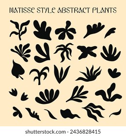 Mattise style abstract plants cutouts shapes and forms elements set. Simple flowers and leaves vector illustration collection, different types of floral decorative elements kit for design, poster 