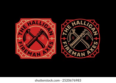 mattock, shovel, hoe, hack retro badge logo design for fireman, survivor, rescuer and journey. crowbar, handspike emblem logo collection for wanderlust and firefighter 