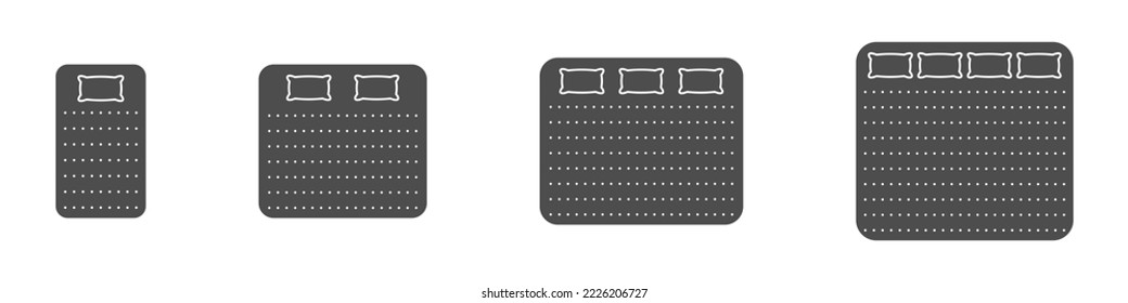 Mattress and Bed Size Dimension Black Silhouette Icon Set. Bed Length Measurement for Bedchamber in Hotel or Home Pictogram. Mattress Sizes for Bed Room. Isolated Vector Illustration.