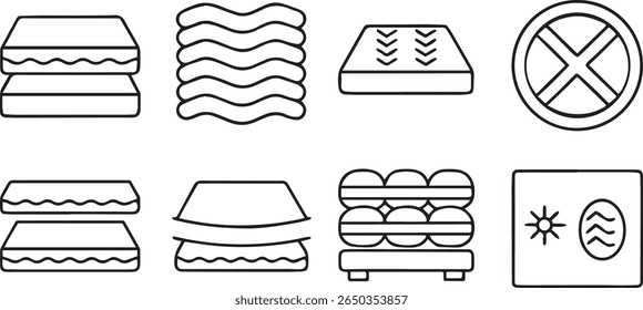 Colchão e cama Ícones, cama, dormir, móveis de quarto, artigos de cama, traço editável ícone preto