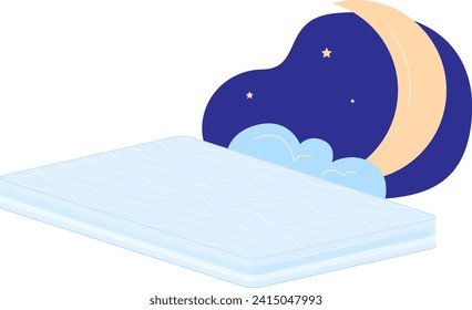 Mattress with blue cloud and crescent moon, night time and comfortable sleep concept. Dreamy atmosphere vector illustration.