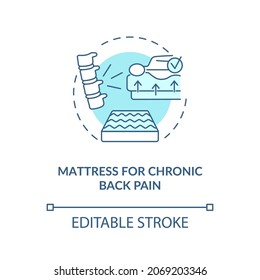 Icono de concepto de colchón para dolor de espalda crónica azul. Aliviar el dolor de espalda idea abstracta ilustración de línea delgada. Prevención del dolor en la columna vertebral alta y baja. Dibujo de color de contorno aislado del vector. Trazo editable