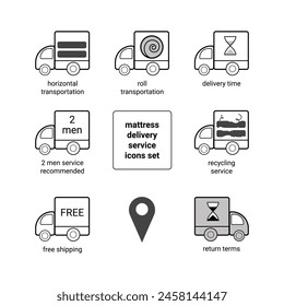 Mattress delivery service icons set. Goods in straightened and rolled form. Free transportation, pickup locations. Removal of old models for recycling