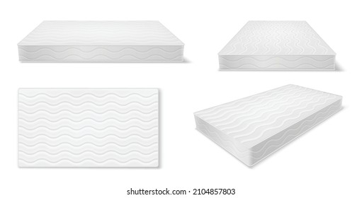 Mattress, futon or flock bed realistic mockups set. Top, side, three quarter view. Large pad for supporting body, sleeping, rest, relaxation on bed, sofa or couch. Vector illustration svg