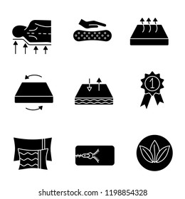 Mattress glyph icons set. Orthopedic, latex, breathable, dual season, ecological mattress with removable cover, pillows and award medal. Silhouette symbols. Vector isolated illustration