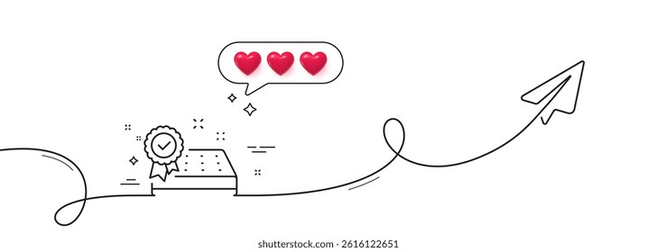 Mattress guarantee line icon. Continuous line with share plane. Tested orthopedic pad sign. Breathable sleep bed symbol. Hearts rate review in speech bubble. Vector
