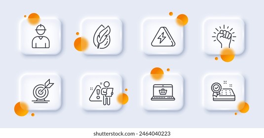 Mattress guarantee, Online shopping and Empower line icons pack. 3d glass buttons with blurred circles. Lightning bolt, Target goal, Engineer web icon. Vector