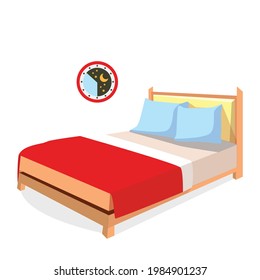 Mattress icon, bedtime flat vector illustration , with night time clock , sleep illustrations concept.